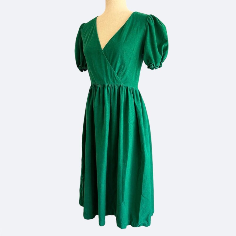 Lisa Says Gah Faux Wrap Dress S Puff Sleeve Kelly Green Velvet Cords Holiday Mod